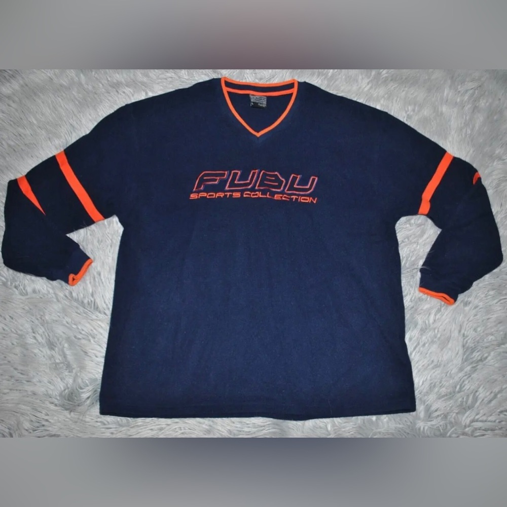 FUBU Sports Collection Fleece Vintage Pullover Navy/Orange Large Mens